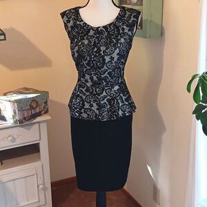 Enfocus Studio Black Peplum Dress with Sparkly Silver Lace Top.